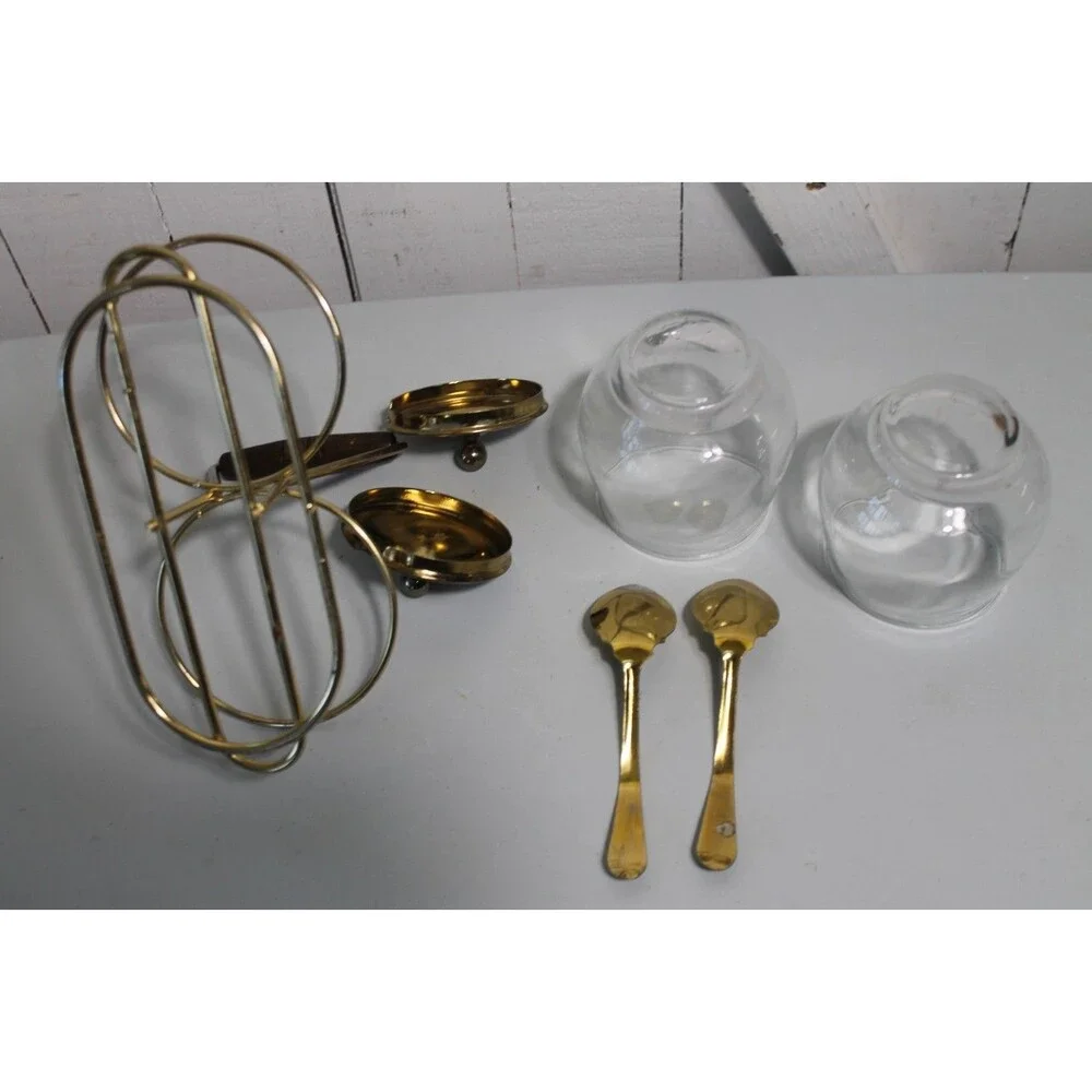 Mid Century Condiment Set Wire Rack Libby Glass Lid/Spoons, Jam, Relish Sauces